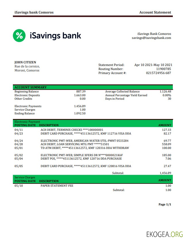 Relevé bancaire iSavings des Comores
